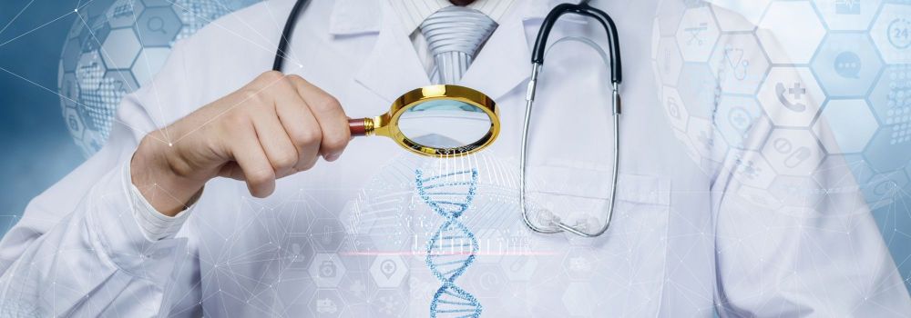 Doctor Looking at DNA Through Magnifying Glass to Exemplify Precision Medicine